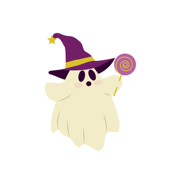 Cute Ghost Witch Hat Lollipop Halloween Vector.

