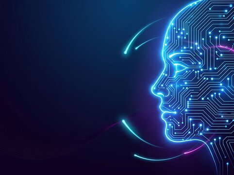 Abstract artificial intelligence digital human face circuit technology background with copy space