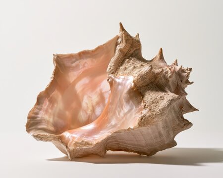 A large, intricate conch shell with a smooth, iridescent pearlescent interior and a textured, rugged exterior, isolated on white background