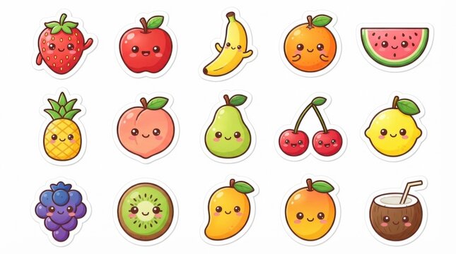 Set of cute cartoon fruits with happy faces and kawaii expressions