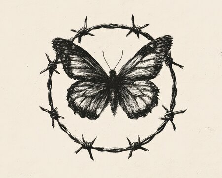 Black and white ink drawing of a butterfly trapped inside a circle of barbed wire, symbolic illustration of confinement and fragile beauty
