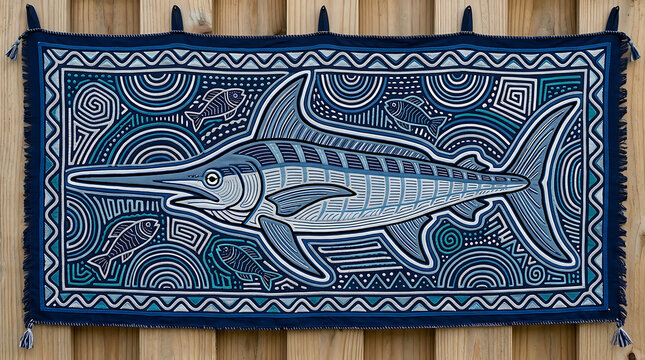 Mola sea textile art, swordfish profile folk design