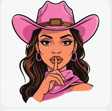 Beautiful woman wearing a vibrant pink cowboy hat making a hush gesture with her finger raised