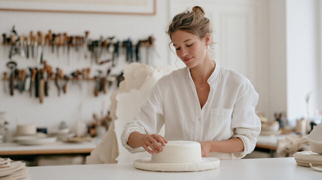 A milliner secures a wrapped hat form for transport on a sterile white surface, a full row of specialist hand tools hung on a wall behind, deckle-edge paper pattern pieces visible