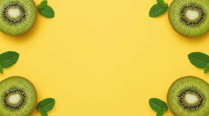 Plakat Kiwi fruit half mint leaf yellow background frame