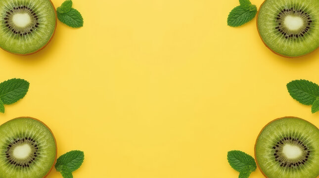 Kiwi fruit half mint leaf yellow background frame