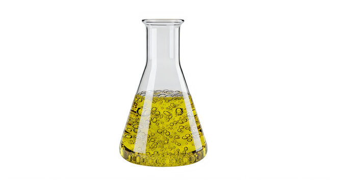Conical glass erlenmeyer flask containing yellow bubbling liquid for science laboratory.