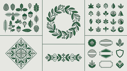 Naklejka premium Botanical Vector Icons, Wreath and Ornaments - Green and Gray