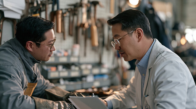 pharmacist demonstrating drug diversion prevention protocol to a student welder in a symbolic cross industry training still life, a row of tools hung on a pegboard behind labeled