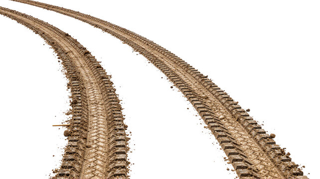 Car tire tracks in dirt mud isolated on white background, vehicle path concept for transportation