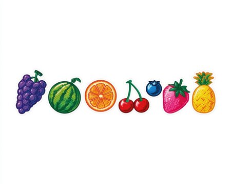 Set of various colorful handdrawn fruit illustrations including grapes, watermelon, orange, cherries, blueberry, strawberry, and pineapple isolated on white background
