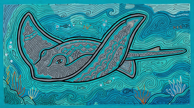Guna mola stingray, layered fabric ocean folk art panel