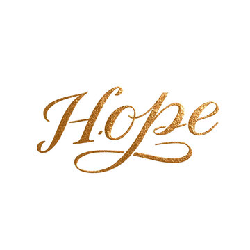 Golden glitter script font writing the word Hope in elegant calligraphy style isolated on transparent background PNG element