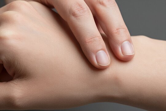 Depicts Close Of Human Skin On Forearm With Noticeable Texture Indicative Dryness Eczema Hand Gently Resting Atop Area Suggesting Act