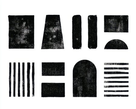 Set of various geometric shapes with a rough, distressed, and textured ink stamp effect, including rectangles, stripes, and an arch, isolated on white background