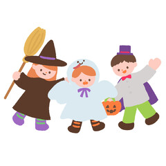 魔女・ドラキュラ・おばけに仮装した子どもたちのイラスト © koti