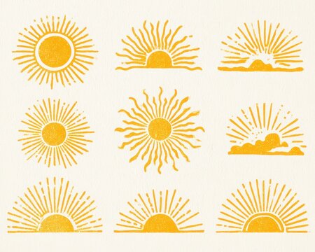 Set of hand drawn sun icons, vintage retro style sunburst rays, collection of sun shapes isolated on white background