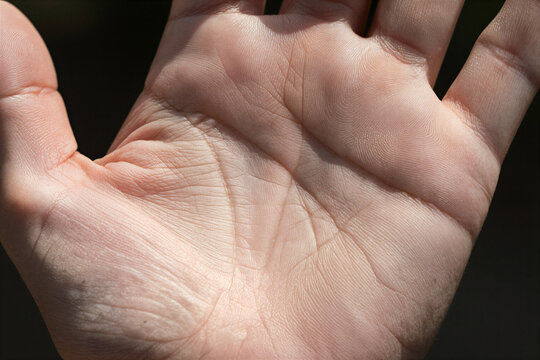 Prominently Close Of Adult Human Hand With Distinctively Detailed Skin Texture Palm Open Showcasing Lines Creases Typical
