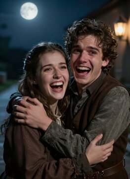 Two Young Adults Embracing In To Affectionate Pose Individual On Left Woman With Shoulder Length Curly Hair Wearing Brown Dress