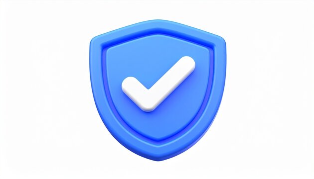 3D Blue Safety Shield with Raised White Check Symbol Isolated on Flat White Background