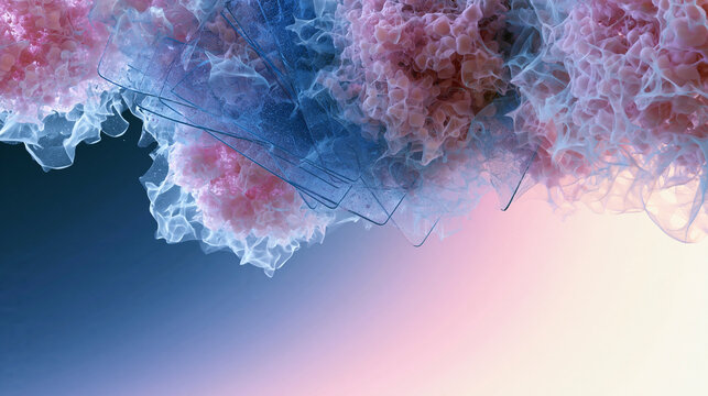 Floating blue aerogel plates and pink cellular forms, representing tissue engineering, regenerative medicine, organoid research and biocompatible materials, stem-cell science, scaffold design