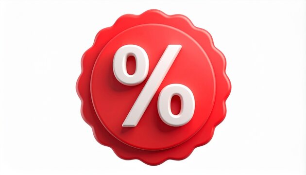Soft 3D Red Sale Badge with White Percent Symbol Isolated on Flat White Background