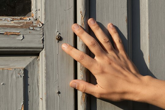 Captures Close Of Adult Human Hand Pressing Against Weathered Grey Wooden Door With Peeling Paint Fingers Slightly Spread Suggesting