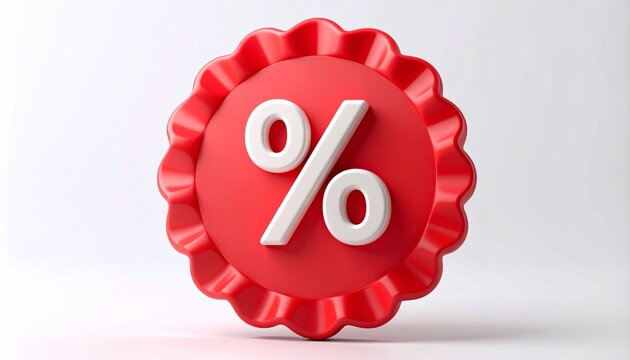Red Discount Percentage Button 3D Icon for Special Offers Isolated on Flat White Background