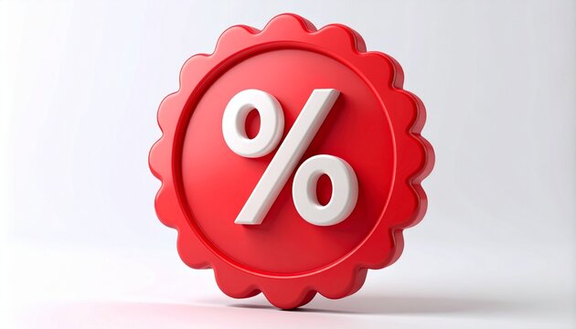 3D Red Promotional Sale Badge with Raised White Percent Sign Isolated on Flat White Background