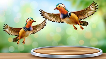 Naklejka premium Two colorful mandarin ducks flying with a wooden stage below them