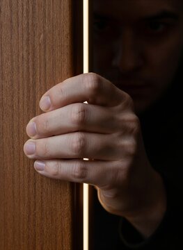 Captures Close View Of Two Hands Gripping Edge Wooden Door Frame From Behind Fingers Slightly Curled Suggesting Tension Anticipation