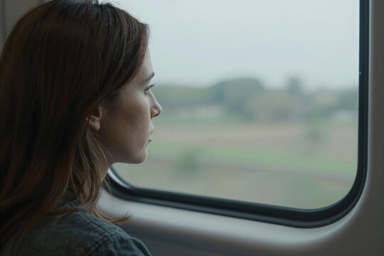Captures Young Woman Gazing Of To Window Moving Vehicle Train Profile Turned Slightly Towards Allowing For Clear View Facial Include