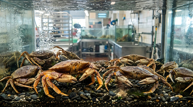 Live Crabs in Aquarium Tank at Seafood Restaurant Kitchen for Fresh Culinary Preparation