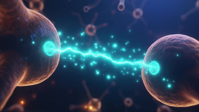 Scientific visualization of a neuron synapse firing and transmitting a neural signal, ideal for neuroscience education, healthcare presentations, biotechnology, medical research, and science websites.