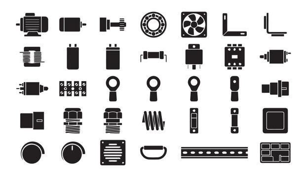 Set of industrial machinery equipment and electric parts icons with electric com