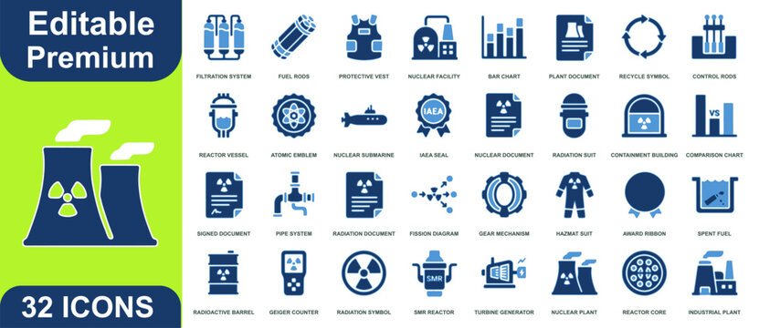 Nuclear industry icon set for power plants, safety equipment, and energy production concepts