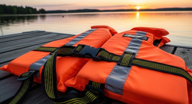 Orange life jackets on a wooden dock by the lake at sunset illustration