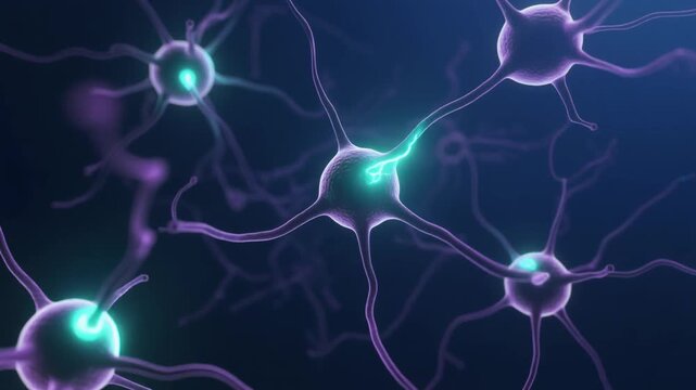 Cinematic visualization of neurons and firing synapses communicating through a neural network, ideal for neuroscience, biotechnology, healthcare, AI concepts, education, and innovation presentations.