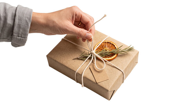 Eco-friendly gift wrapping with brown kraft paper, hand tying twine on rustic present box, sustainable holiday packaging with dried orange isolated PNG with Transparent Background
