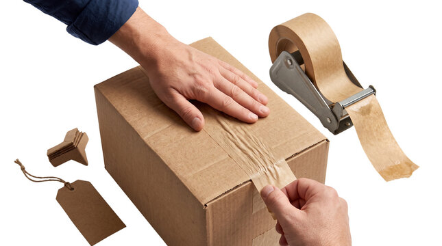 Eco-friendly cardboard box packaging process. Hands sealing brown shipping carton with paper tape. Sustainable logistics and delivery concept. isolated PNG with Transparent Background