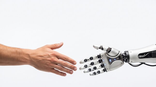 Human hand and robotic arm reaching out to shake hands in a gesture of cooperation and future technology