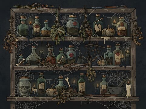 Old wooden shelf with glass magic potion bottles and a skull in a dark scary room