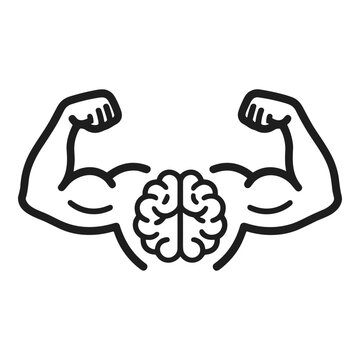 Muscular arms flexing around a strong brain vector icon