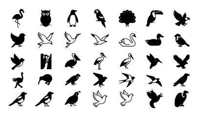 Fototapeta premium Wild Bird Silhouette Icon Collection Featuring Flying Eagle Swan Pelican Toucan Owl Penguin Flamingo and Dove Symbols for Nature Branding Graphic Design Vectors