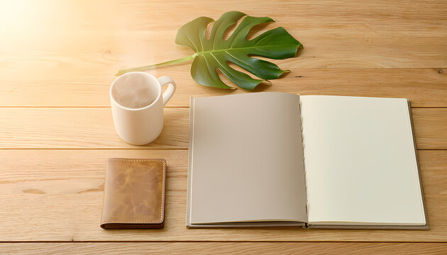 Realistic natural wood desk flat lay with blank open journal ceramic mug and leather wallet for e-commerce background