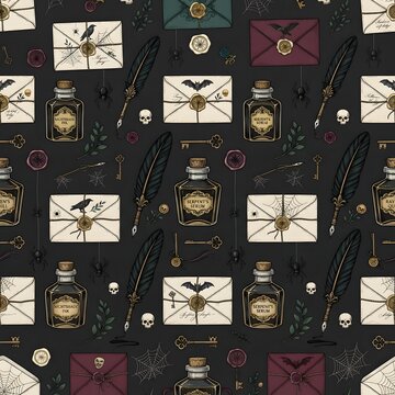 Seamless pattern with magic potion bottles letters and skulls on a dark background