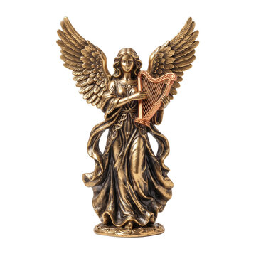 Gold angel figurine with wings playing a harp stands on a black background. Angel statue provides a religious symbol for faith or Christmas decoration in spiritual and memorial contexts.