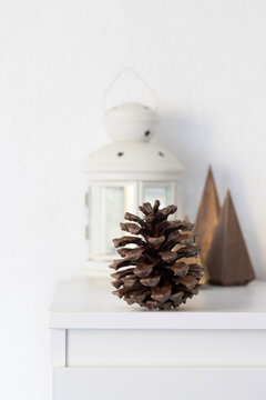 A natural pine cone serves as the focal point in this minimalist indoor still life. Resting on a clean white surface against a soft-focus background, it evokes a warm, cozy winter or holiday feel.