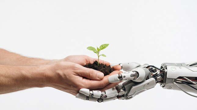 Human and robot hands holding a small plant seedling in soil symbolizing future growth and technology
