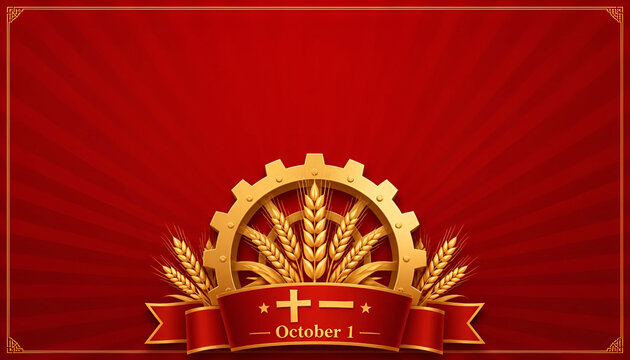 Golden wheat and gear emblem vector banner with bilingual october 1 text